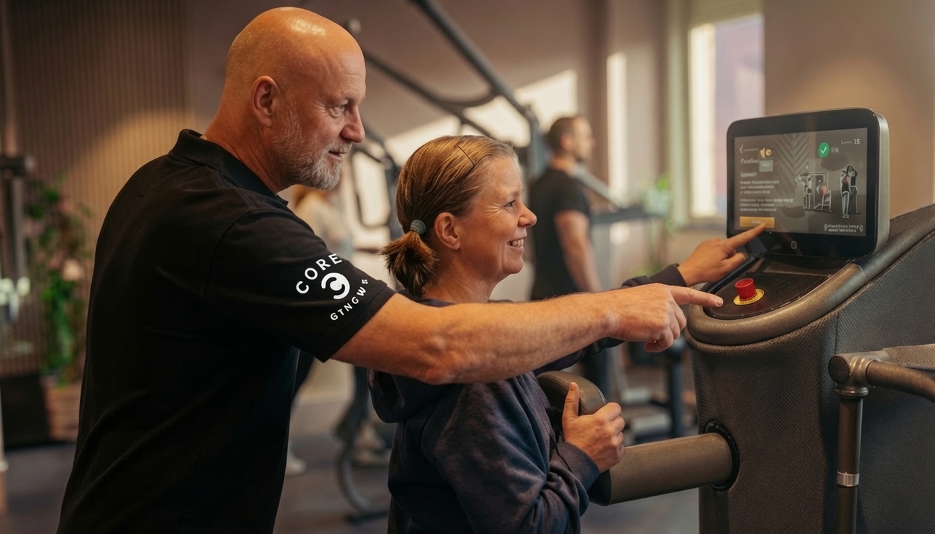 Coach guidar medlem vid EGYM-maskin med interaktiv skärm