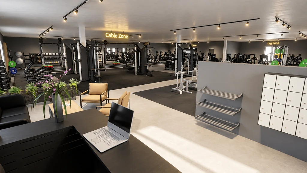 Bearbetad visionsbild av entrén till Core Ösmo med reception, sittplatser och vy in i gymmet